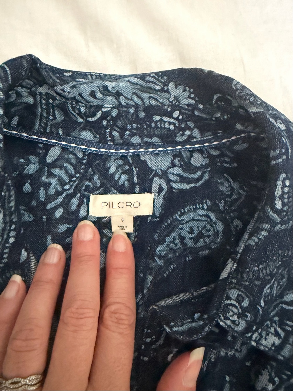 Pilcro Navy Blue Printed Ruffle-Trim Button Down Sleeveless Top - Picture 2 of 3